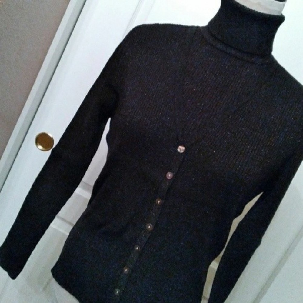 TWINSET CARDIGAN BLACK METALLIC TURTLENECK RIBBED KNIT SWEATERS SMALL WOMEN NWOT